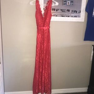 Red floral gown